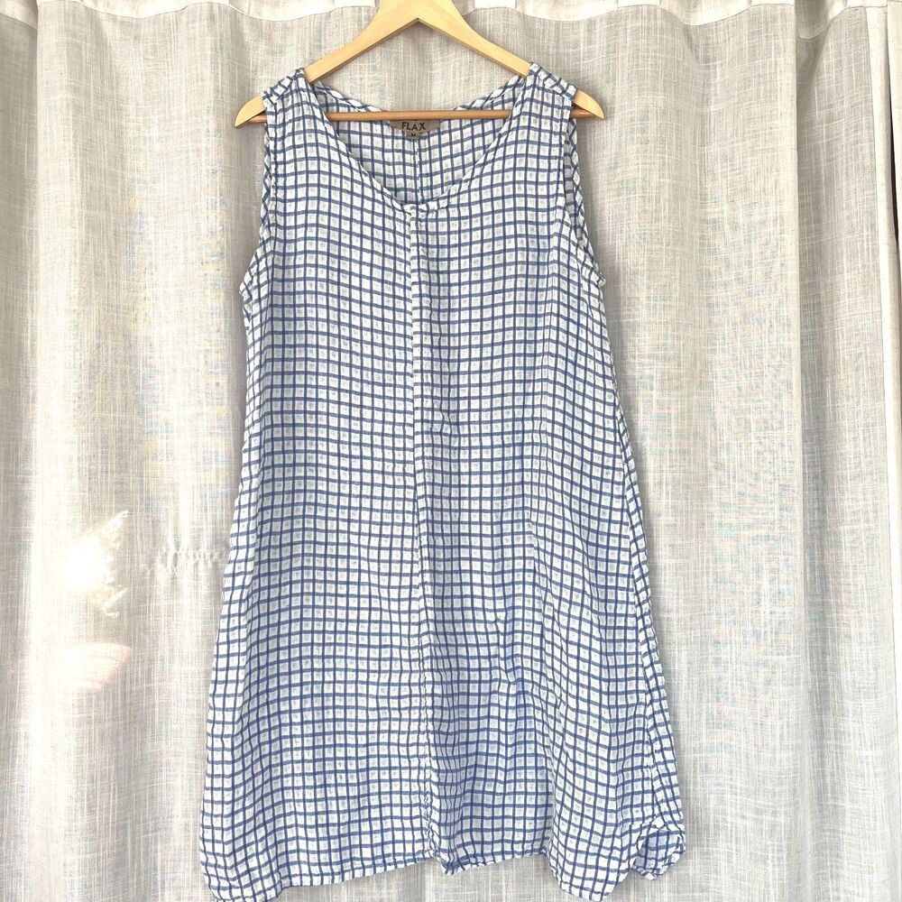 Flax Linen Gingham Grid Blue and White Sleeveless Dress
